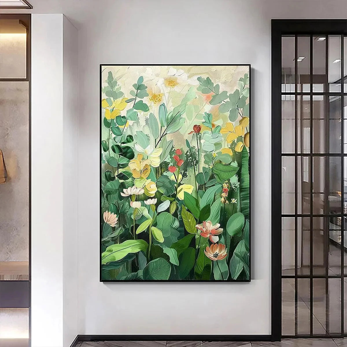 BOTANICAL GARDEN: Vertical Green and Yellow Floral Painting for Living Room | beige palette, original Hand-painted on vertical stretched canvas with artist-grade oils; rich layered surface creates ...
