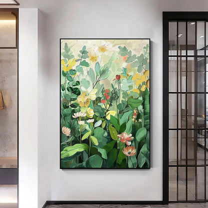 BOTANICAL GARDEN: Vertical Green and Yellow Floral Painting for Living Room | beige palette, original Hand-painted on vertical stretched canvas with artist-grade oils; rich layered surface creates ...