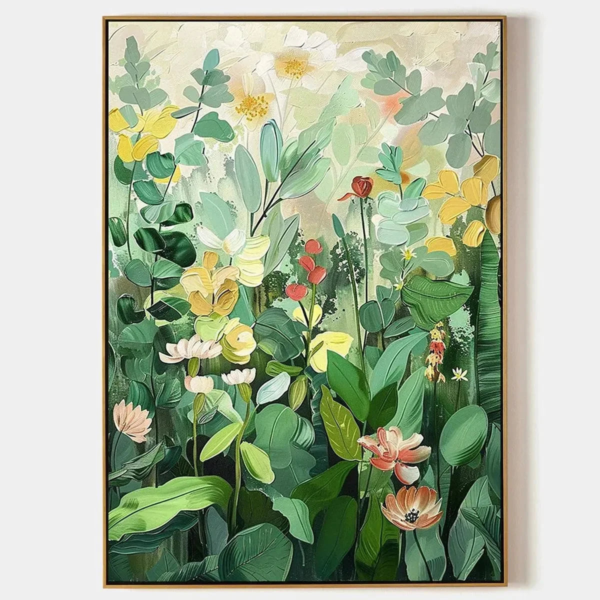BOTANICAL GARDEN: Vertical Green and Yellow Floral Painting for Living Room | hanging in Vertical green and yellow floral oil painting of a botanical garden; rich palette-knife work with layered fo...