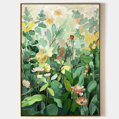 BOTANICAL GARDEN: Vertical Green and Yellow Floral Painting for Living Room | hanging in Vertical green and yellow floral oil painting of a botanical garden; rich palette-knife work with layered fo...