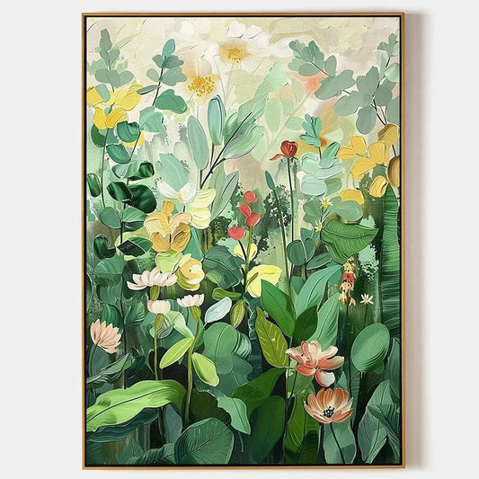 BOTANICAL GARDEN: Vertical Green and Yellow Floral Painting for Living Room | hanging in Vertical green and yellow floral oil painting of a botanical garden; rich palette-knife work with layered fo...