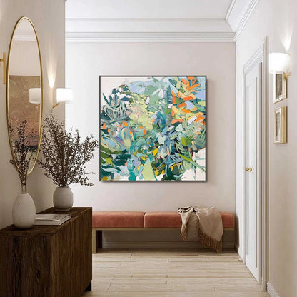 BOTANICAL RHAPSODY: Abstract Impressionist Floral Painting | gold frame stretched on neutral wall