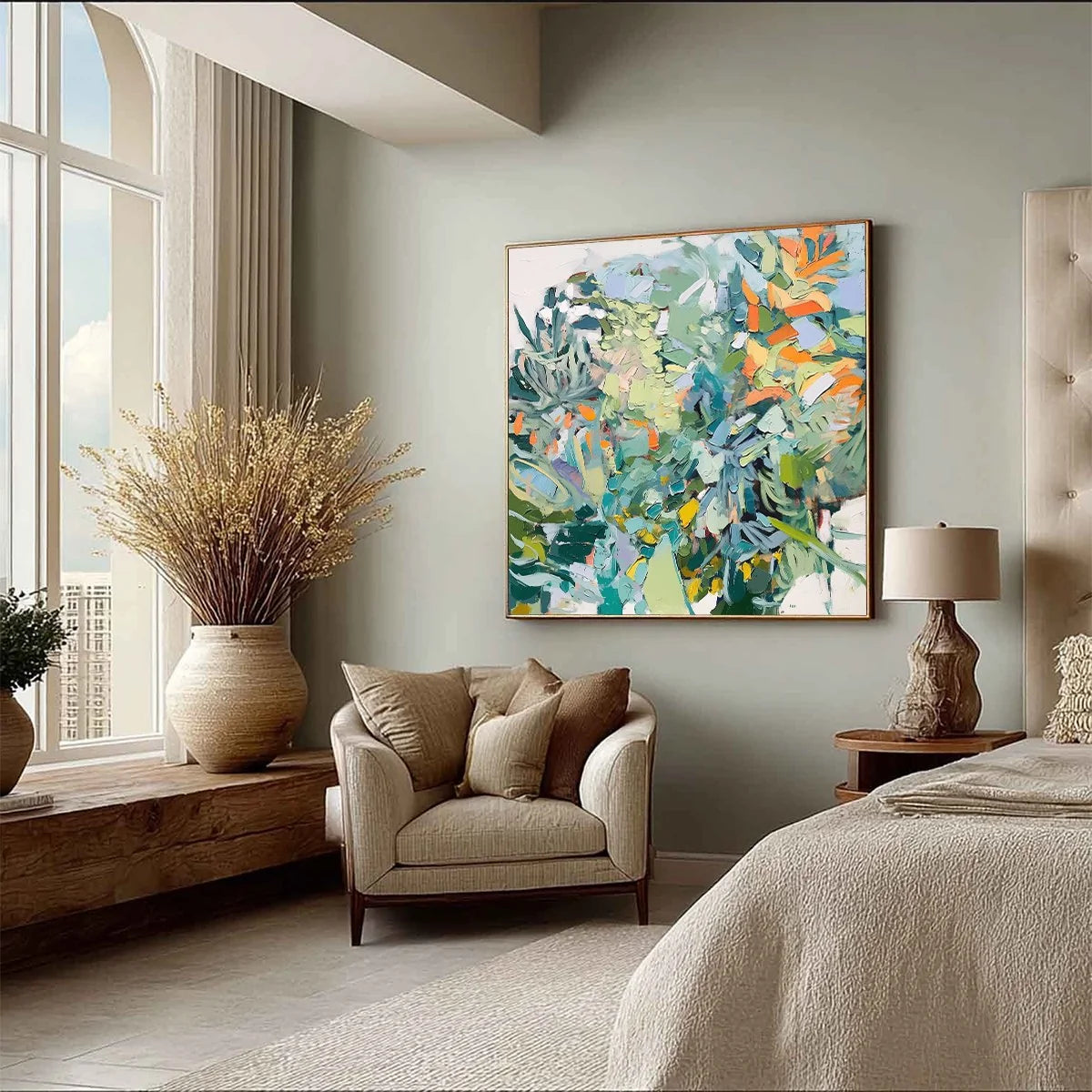 BOTANICAL RHAPSODY: Abstract Impressionist Floral Painting | black frame version on white wall