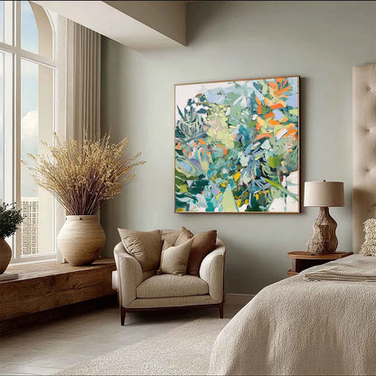 BOTANICAL RHAPSODY: Abstract Impressionist Floral Painting | black frame version on white wall