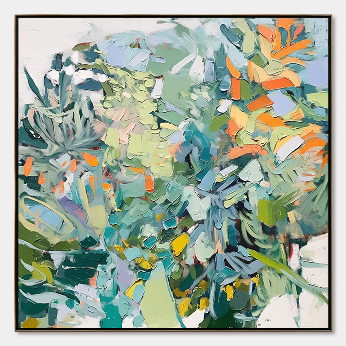 BOTANICAL RHAPSODY: Abstract Impressionist Floral Painting | hanging in Abstract impressionist floral oil painting in soft green, pink, and cream tones; refined brushwork with delicate botanical an...