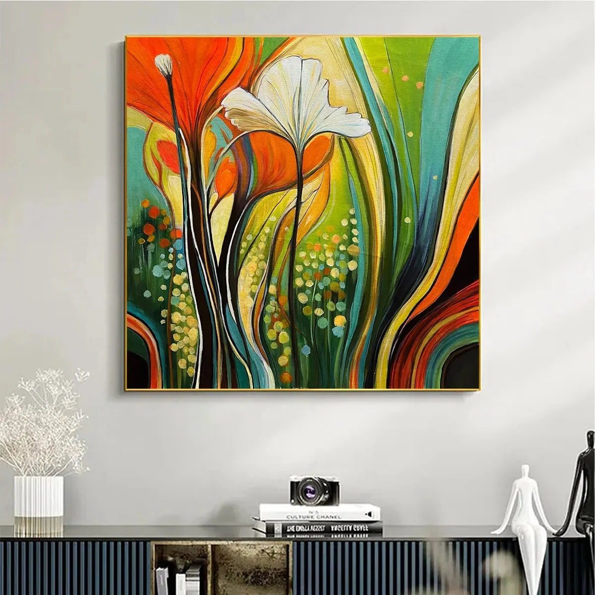 BOTANICAL SYMPHONY: Modern Abstract Floral Oil Painting | gold frame stretched on neutral wall