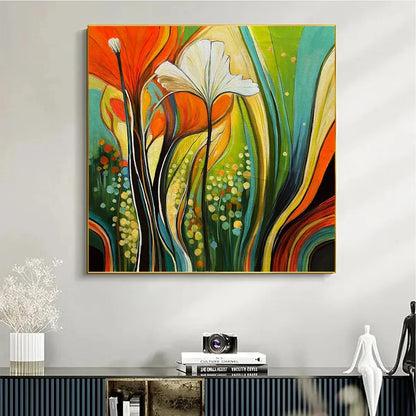 BOTANICAL SYMPHONY: Modern Abstract Floral Oil Painting | gold frame stretched on neutral wall