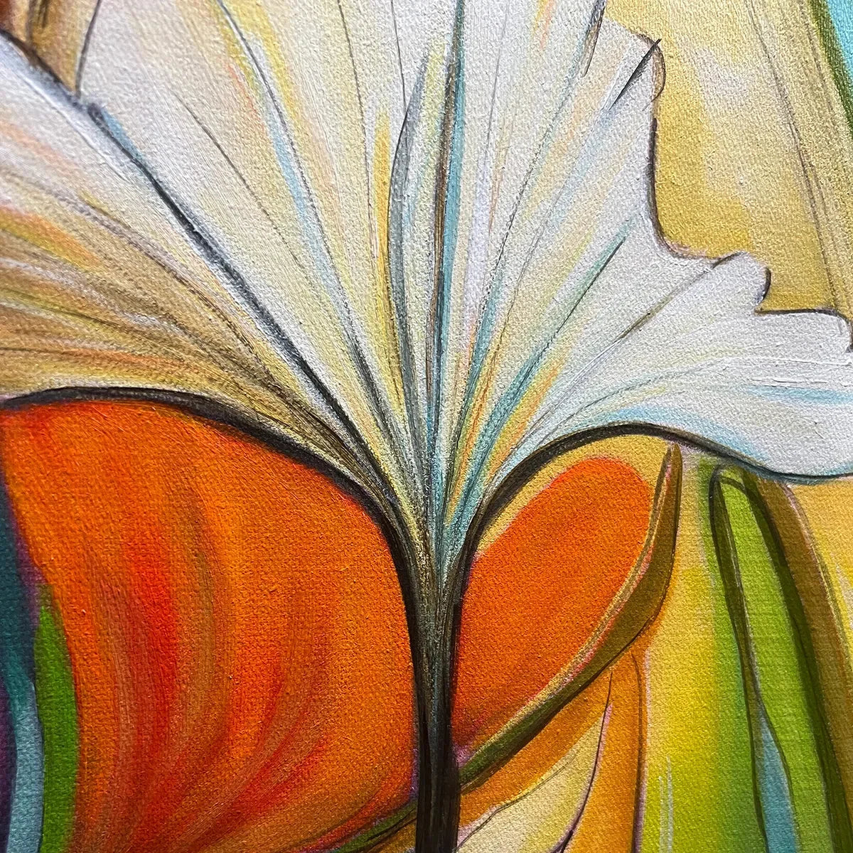 BOTANICAL SYMPHONY: Modern Abstract Floral Oil Painting | black frame version on white wall