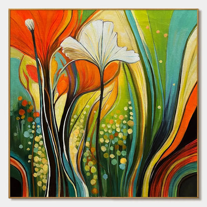 BOTANICAL SYMPHONY: Modern Abstract Floral Oil Painting | hanging in Modern abstract floral oil painting in vibrant green, pink, and cream tones; rich palette-knife work creates a harmonious botani...