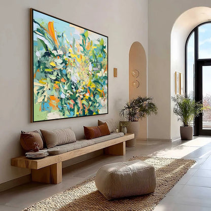 BOTANICAL WHIRL: Abstract Impressionist Floral Painting | gold frame stretched on neutral wall