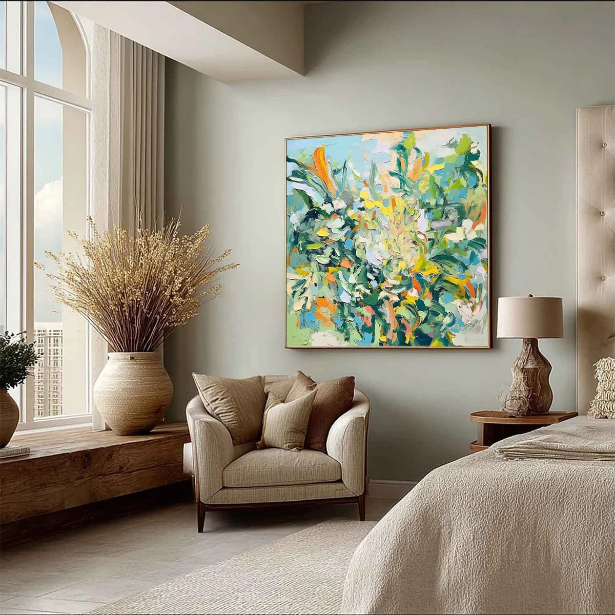 BOTANICAL WHIRL: Abstract Impressionist Floral Painting | black frame version on white wall