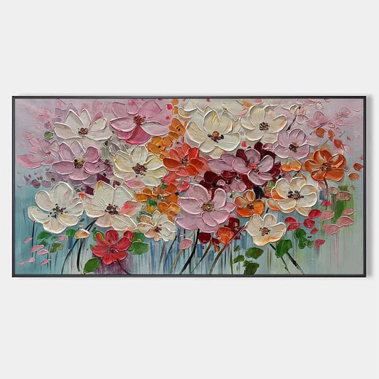BOUQUET OF JOY: Panoramic Impasto Painting of Colorful Florals | hanging in living room, impasto wall art