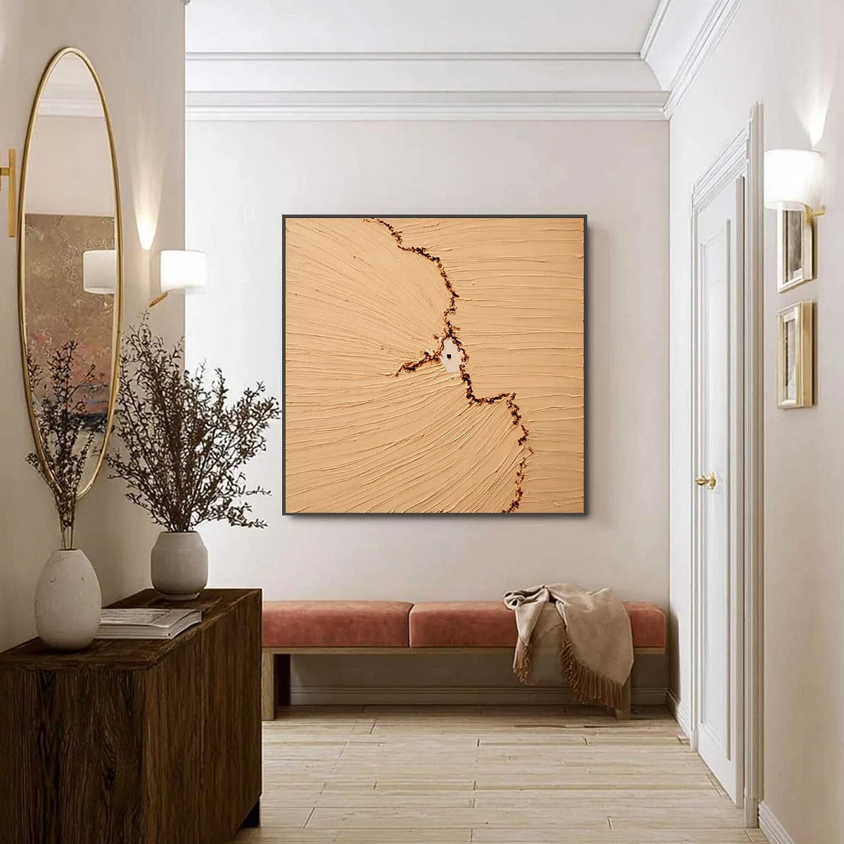 BREACH: Wabi-Sabi Textured Abstract Painting for Modern Spaces | black frame version on white wall