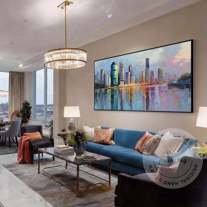 Brisbane City Skyline Artwork, Hand Painted Impressionist Cityscape, River Refle #4
