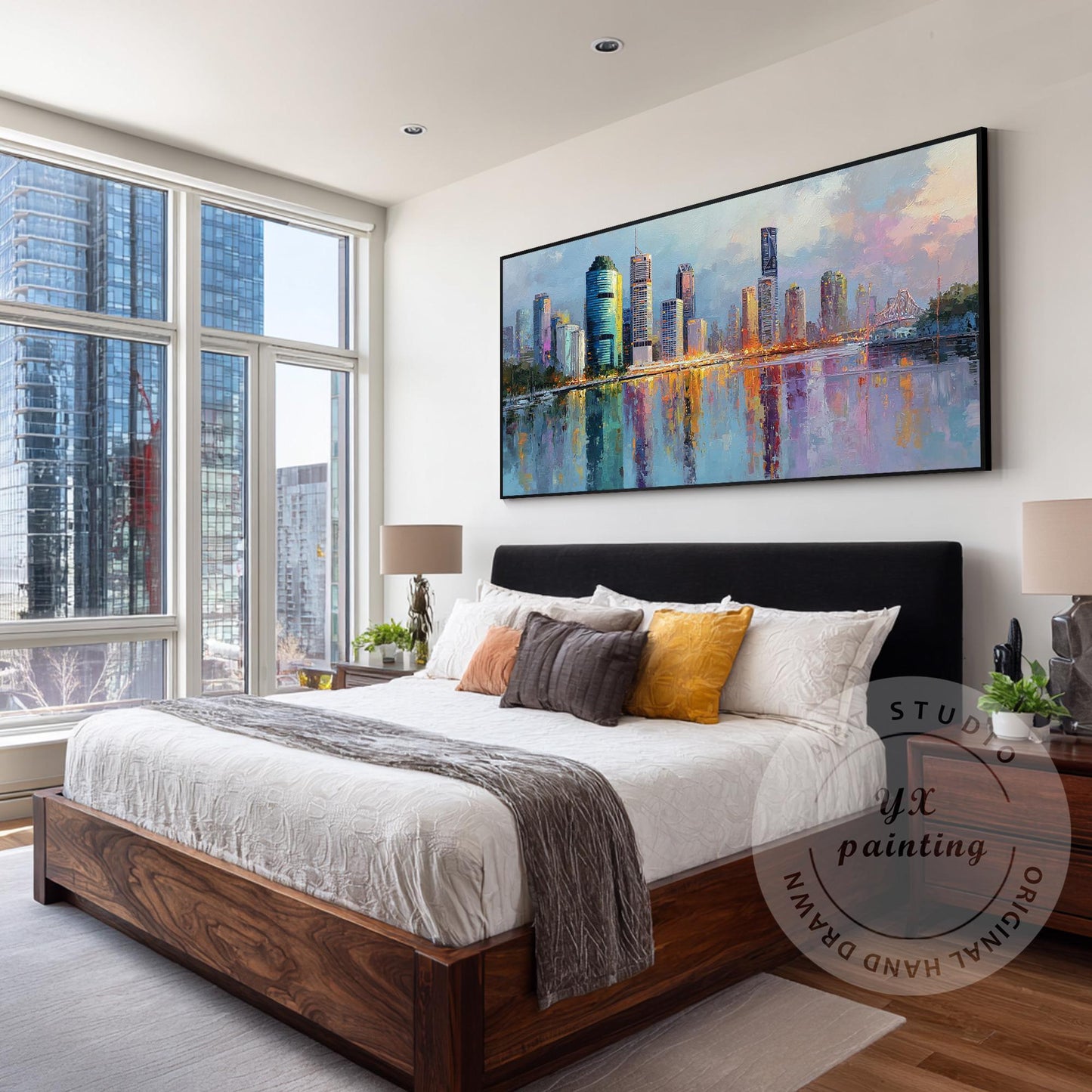 Brisbane City Skyline Artwork, Hand Painted Impressionist Cityscape, River Refle #5