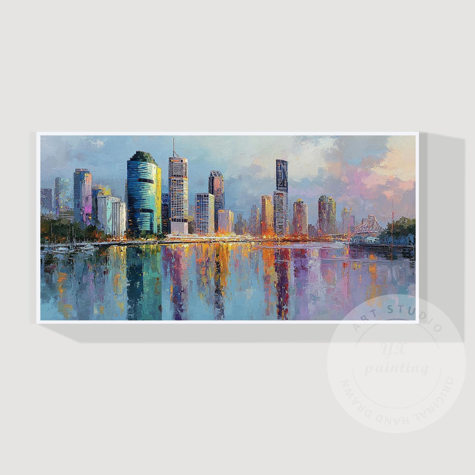 Brisbane City Skyline Artwork, Hand Painted Impressionist Cityscape, River Refle #6