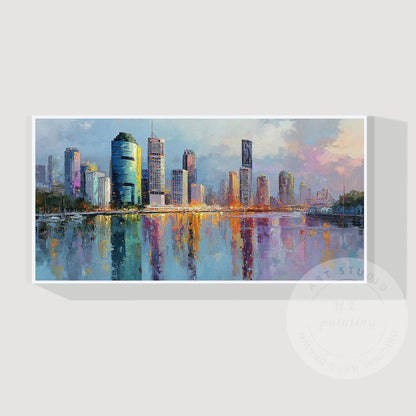 Brisbane City Skyline Artwork, Hand Painted Impressionist Cityscape, River Refle #6