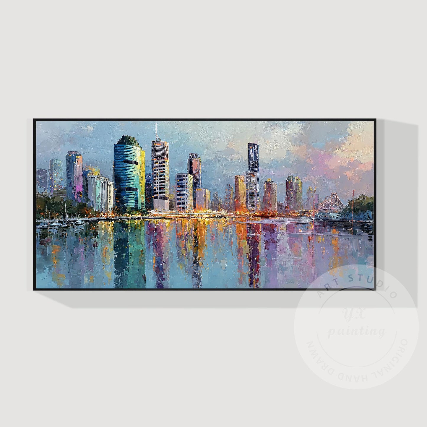 Brisbane City Skyline Artwork, Hand Painted Impressionist Cityscape, River Refle #7