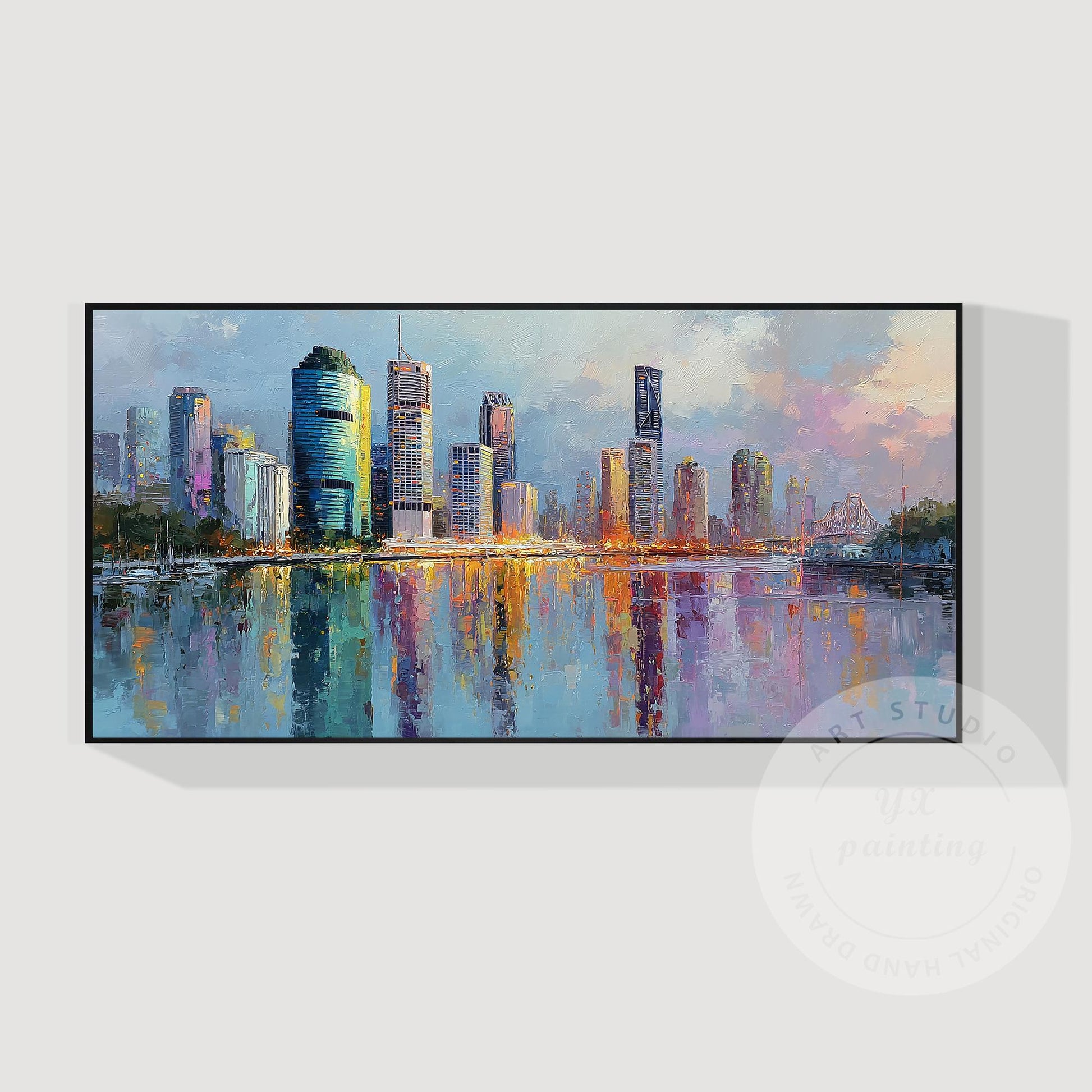 Brisbane City Skyline Artwork, Hand Painted Impressionist Cityscape, River Refle #7