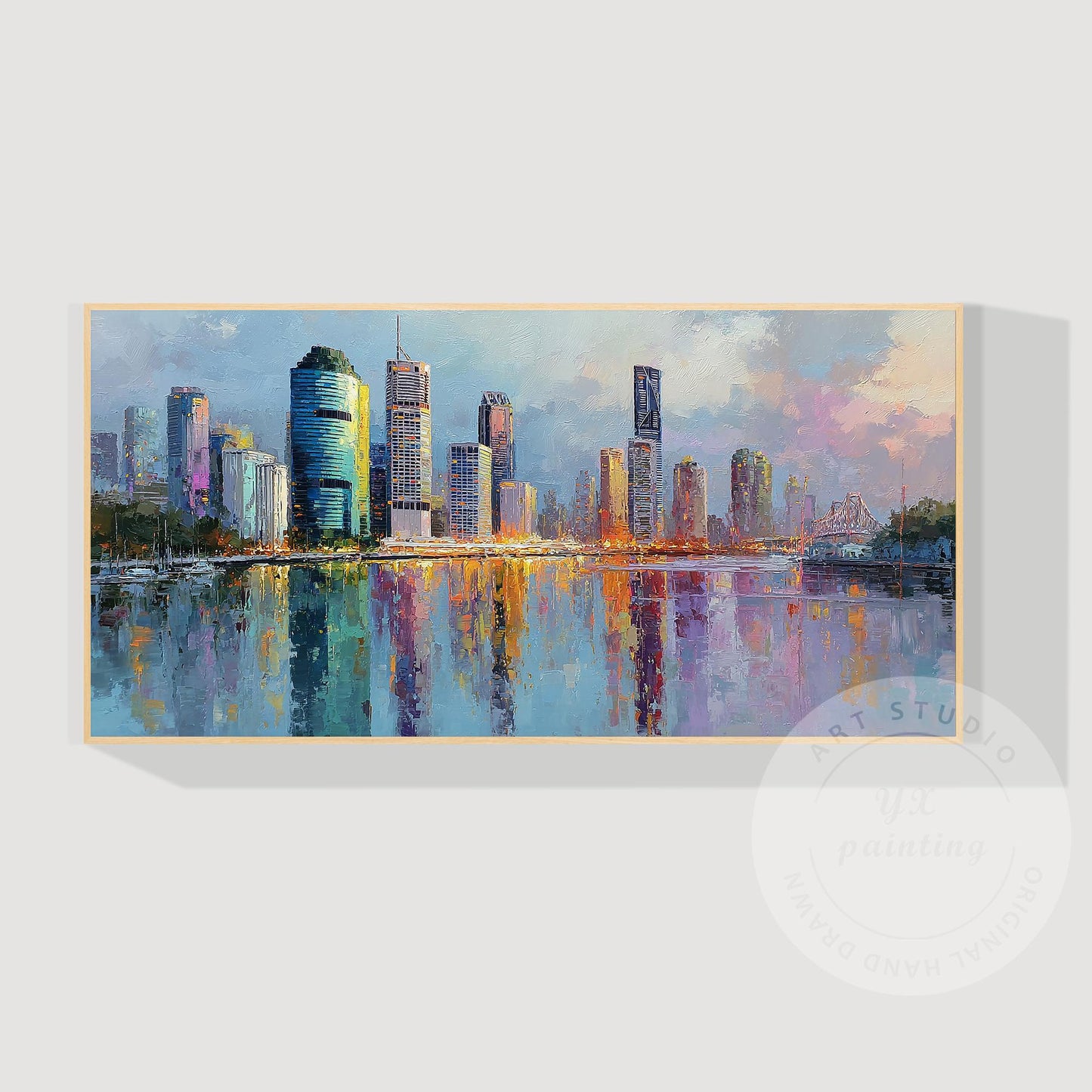 Brisbane City Skyline Artwork, Hand Painted Impressionist Cityscape, River Refle #8