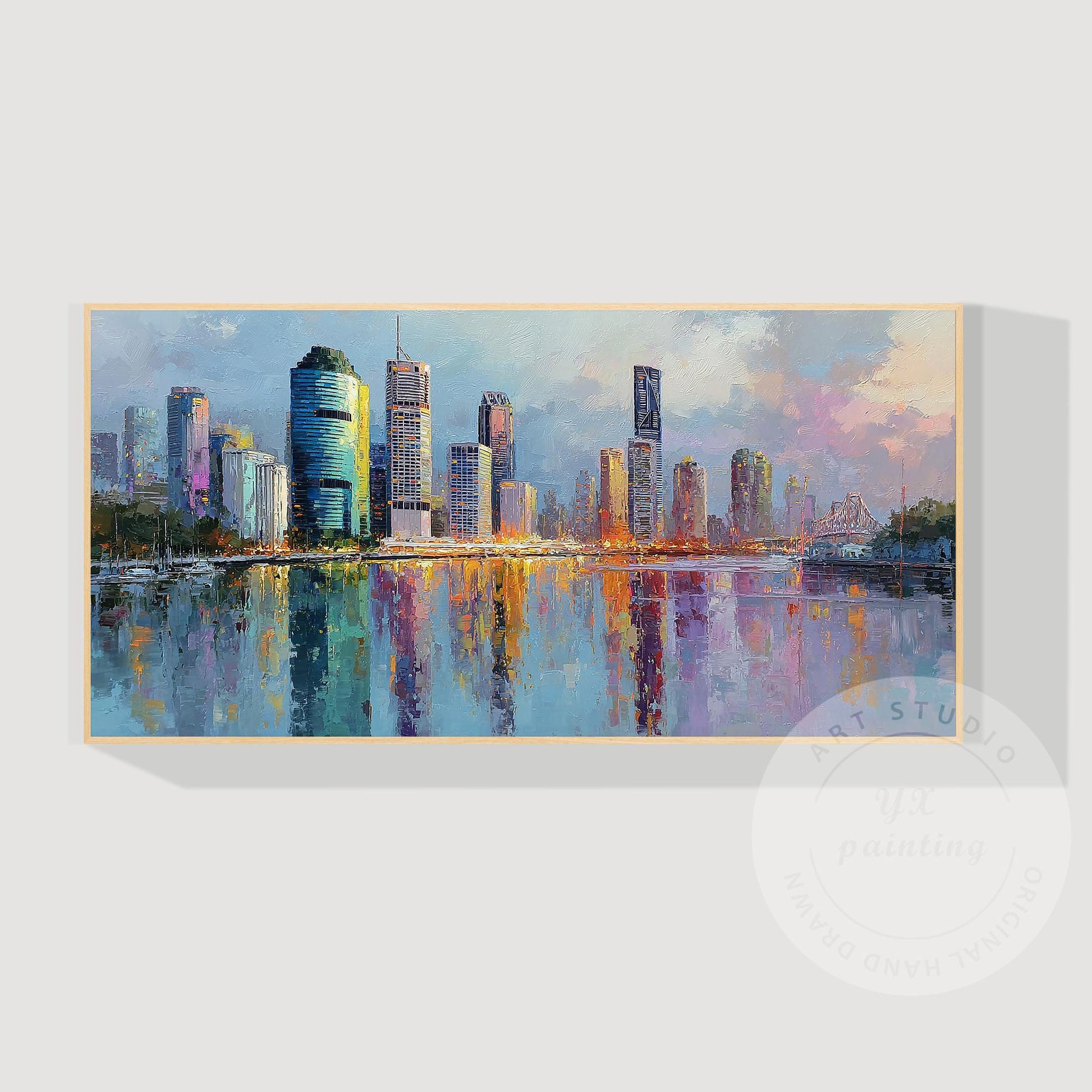 Brisbane City Skyline Artwork, Hand Painted Impressionist Cityscape, River Refle #8