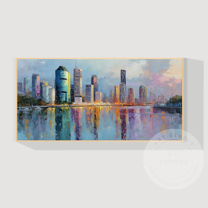 Brisbane City Skyline Artwork, Hand Painted Impressionist Cityscape, River Refle #8