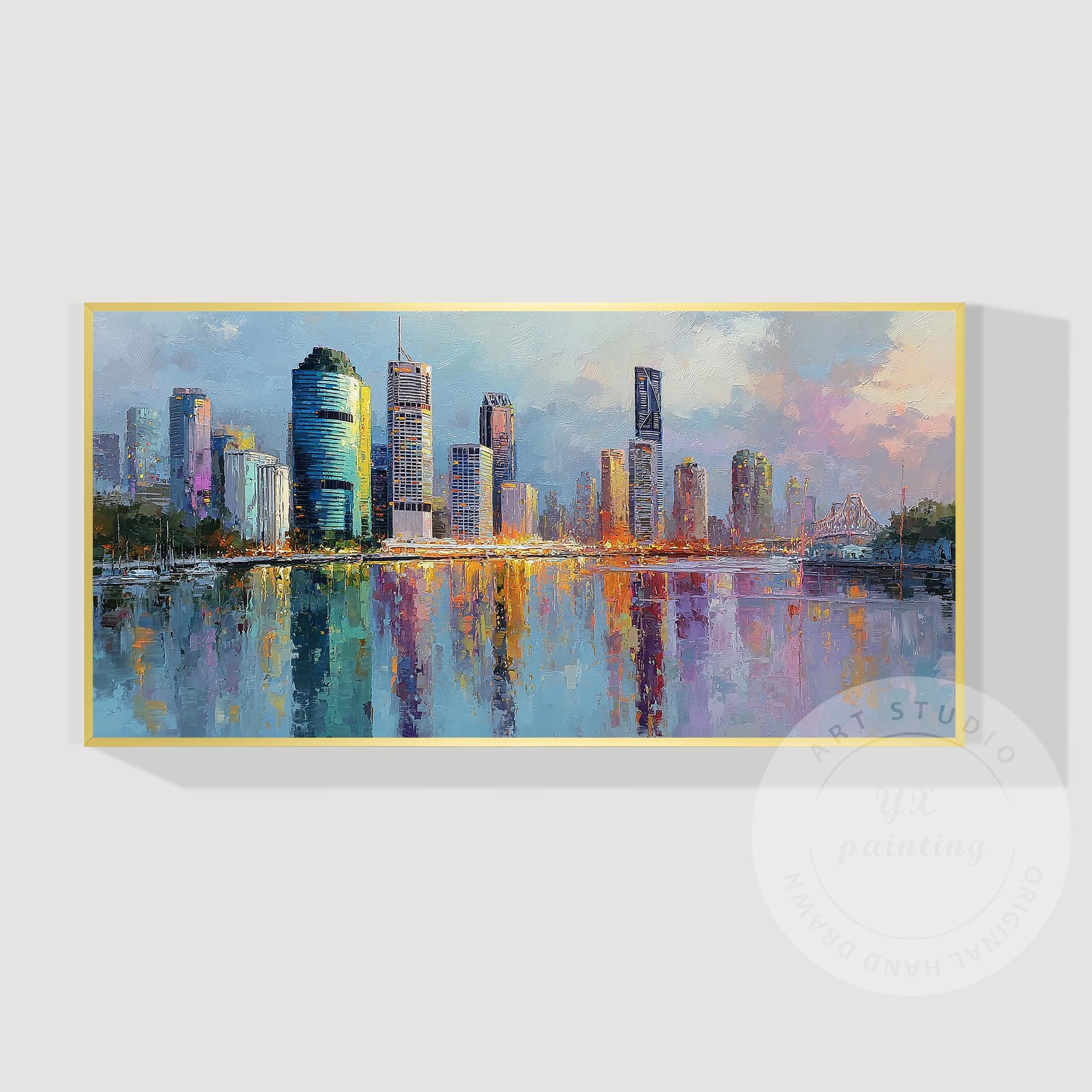 Brisbane City Skyline Artwork, Hand Painted Impressionist Cityscape, River Refle #9