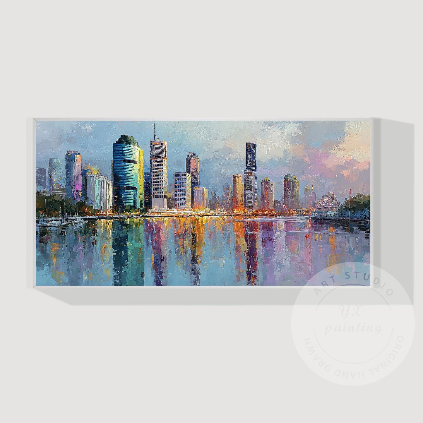 Brisbane City Skyline Artwork, Hand Painted Impressionist Cityscape, River Refle #10