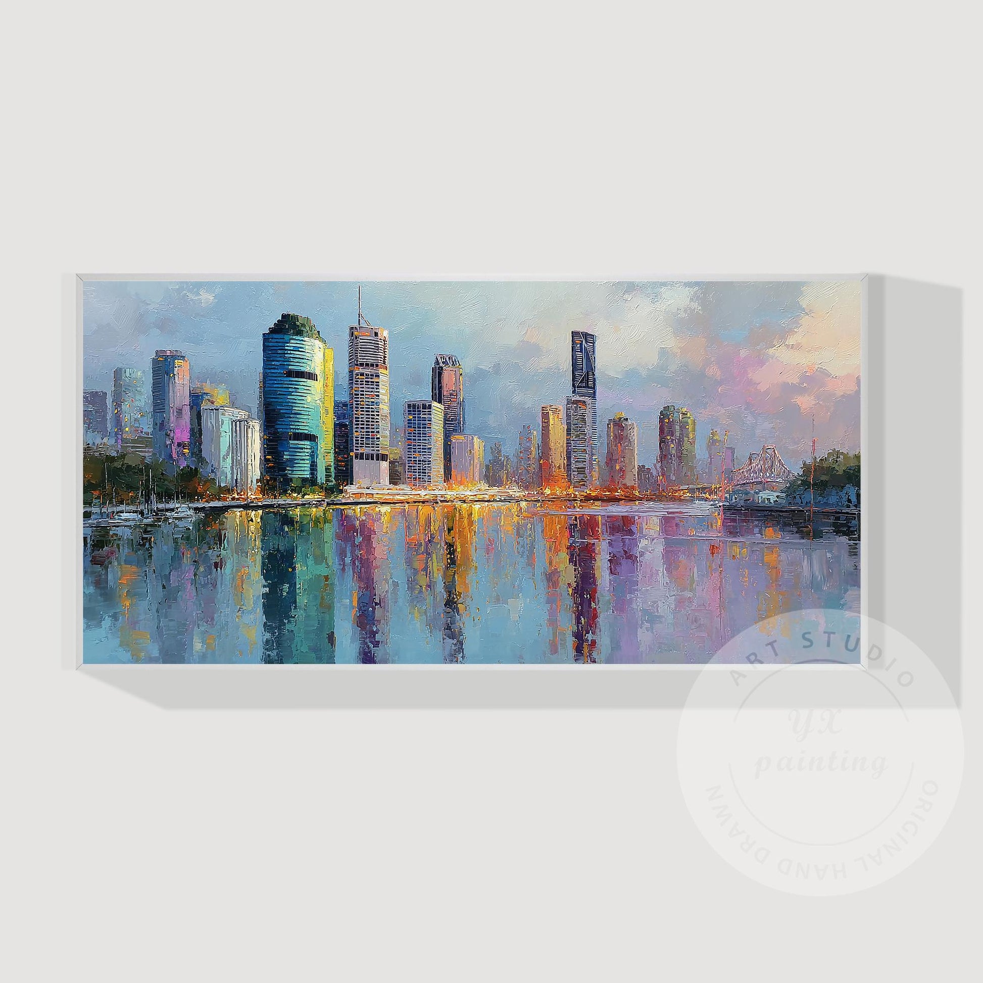 Brisbane City Skyline Artwork, Hand Painted Impressionist Cityscape, River Refle #10