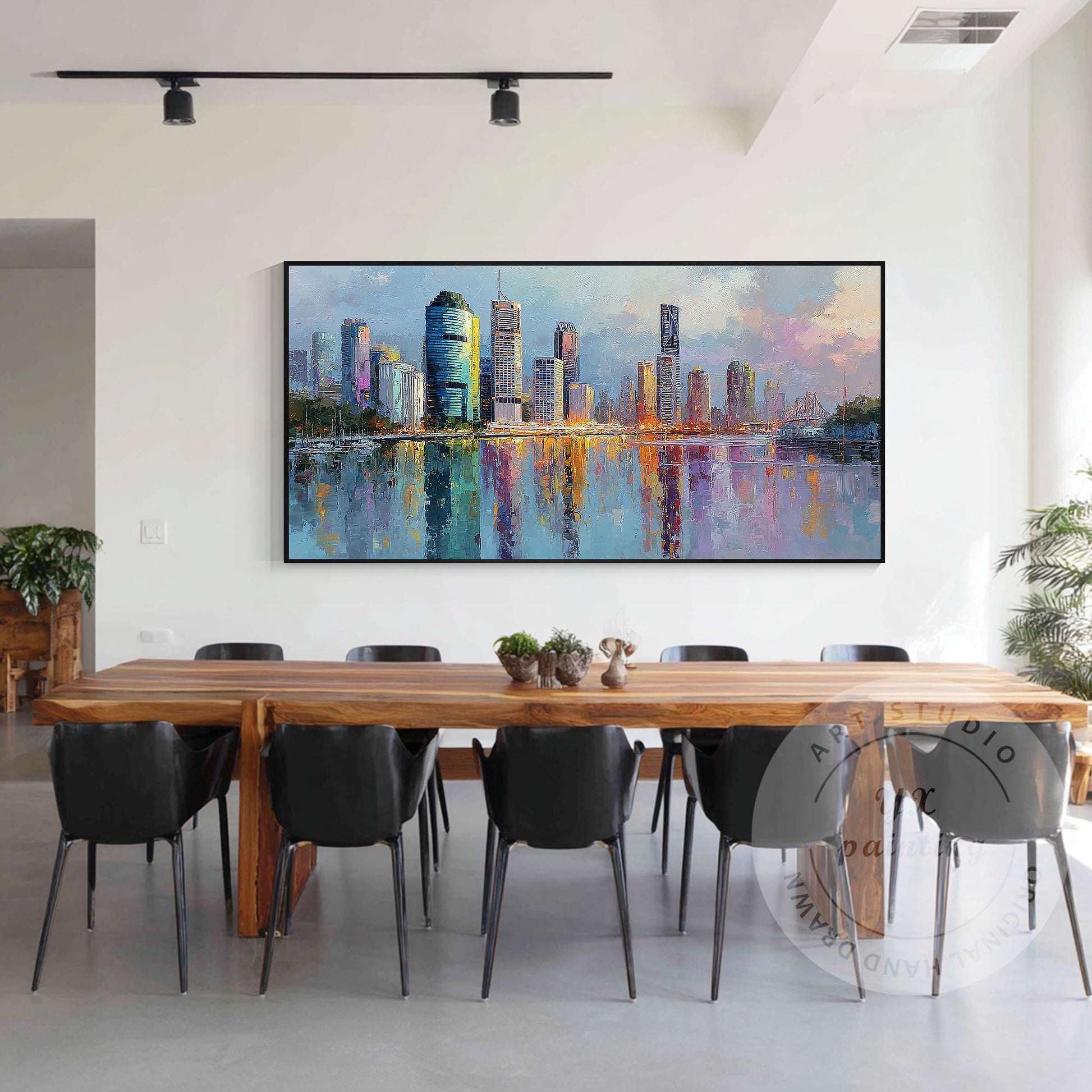 Brisbane City Skyline Artwork, Hand Painted Impressionist Cityscape, River Refle #1