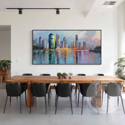 Brisbane City Skyline Artwork, Hand Painted Impressionist Cityscape, River Refle #1