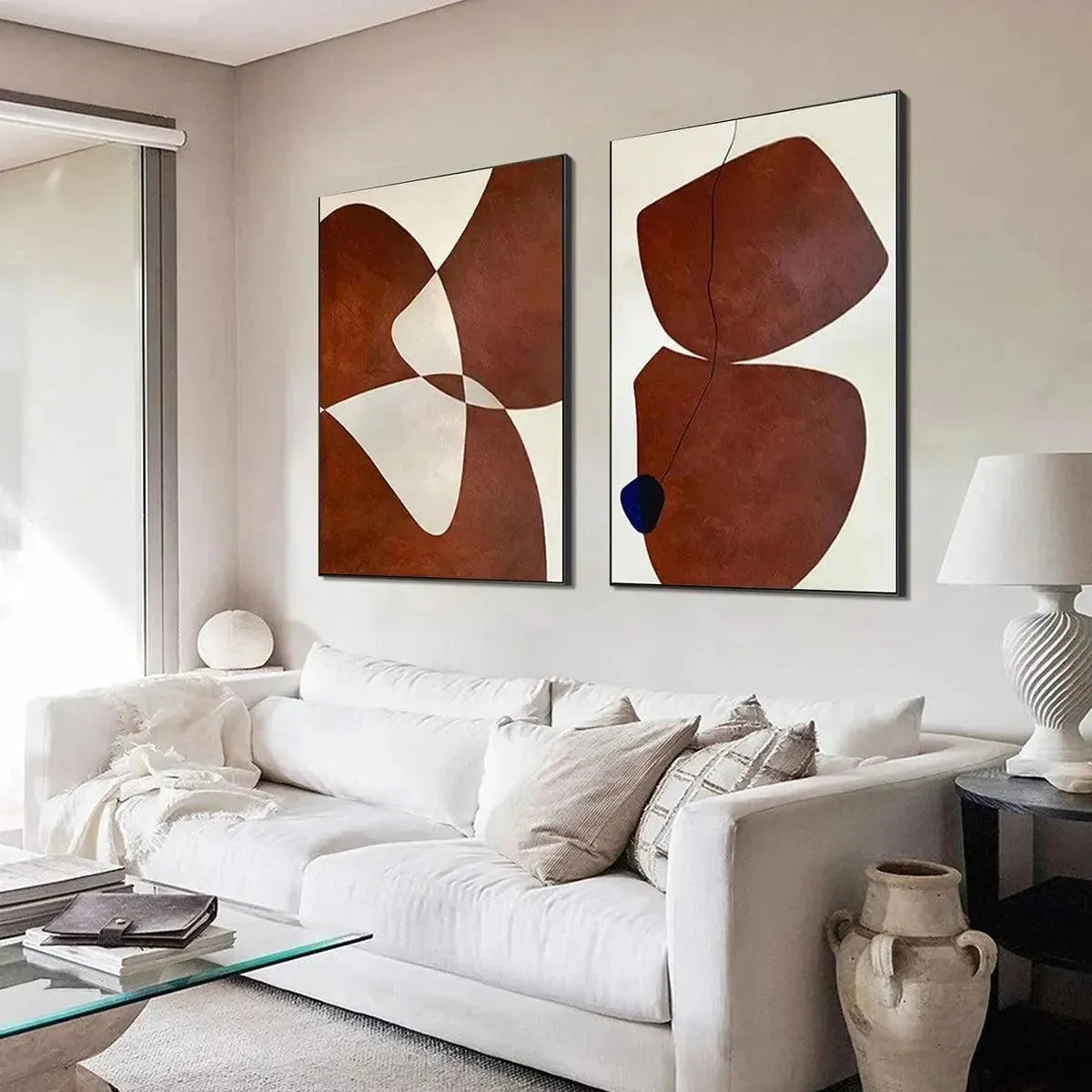 BROWN ABSTRACT DIPTYCH: Abstract Painting Set of 2 | gold frame stretched on neutral wall