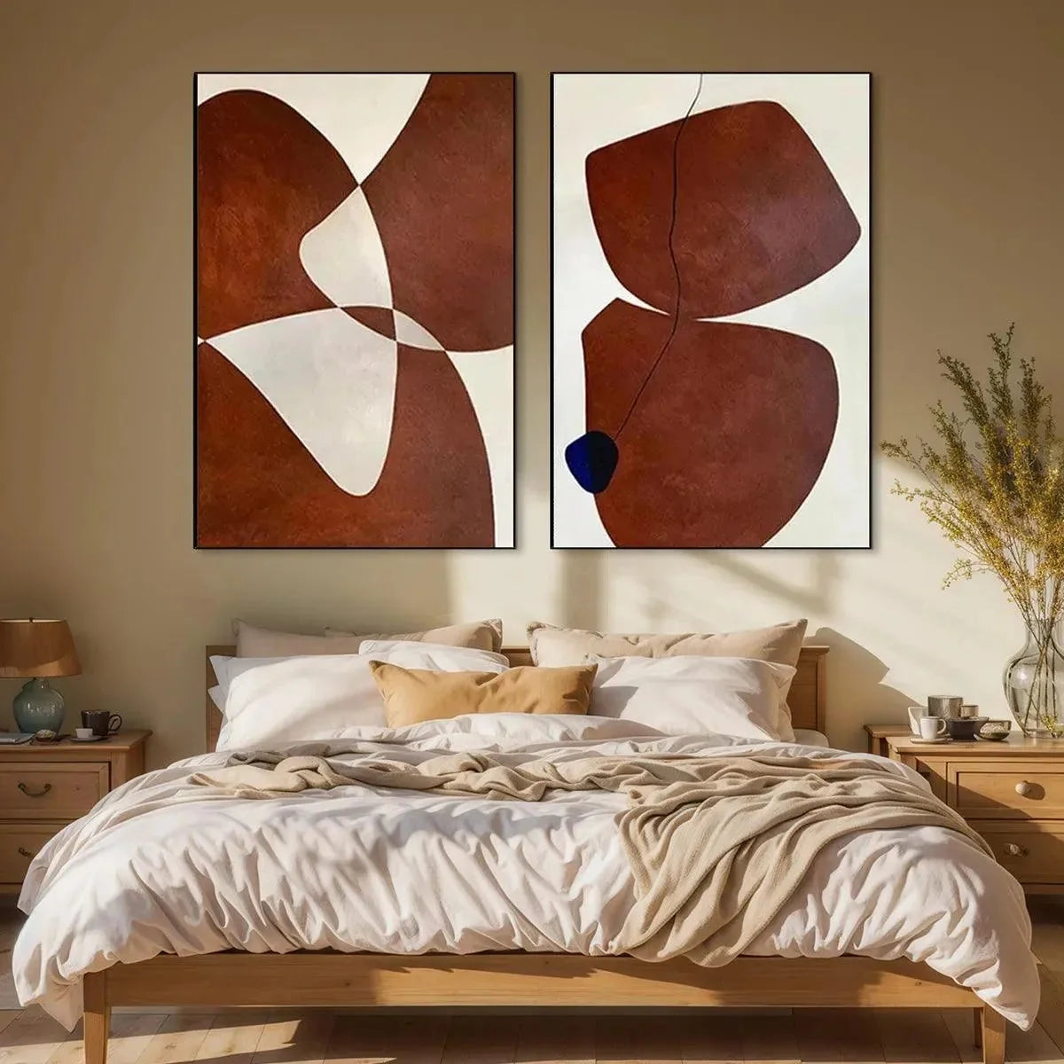 BROWN ABSTRACT DIPTYCH: Abstract Painting Set of 2 | beige palette, original bedroom art