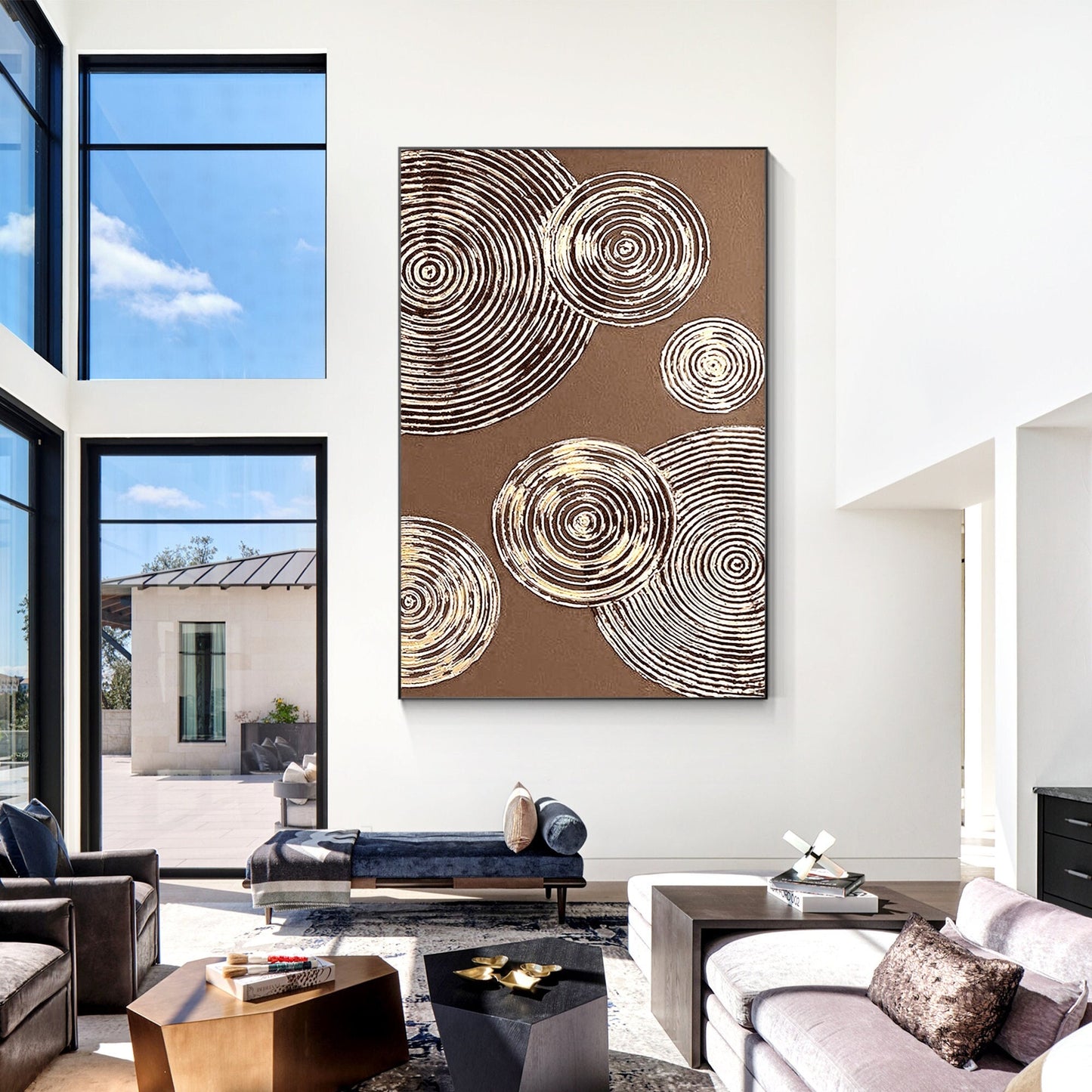 Brown Gold Circle Abstract Painting on Canvas: Luxury Wall Art Decor #2