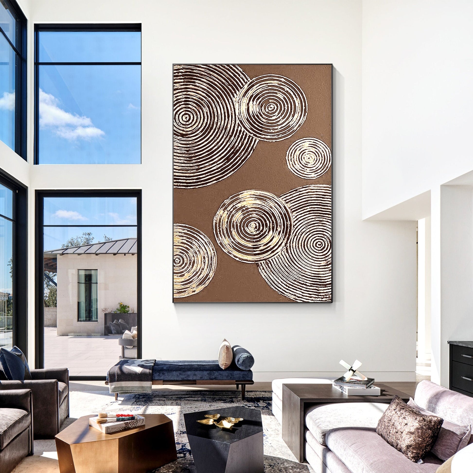 Brown Gold Circle Abstract Painting on Canvas: Luxury Wall Art Decor #2