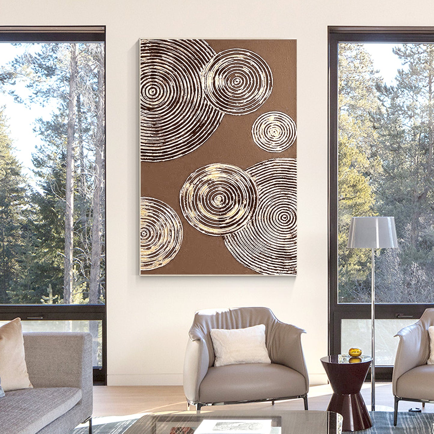 Brown Gold Circle Abstract Painting on Canvas: Luxury Wall Art Decor #4