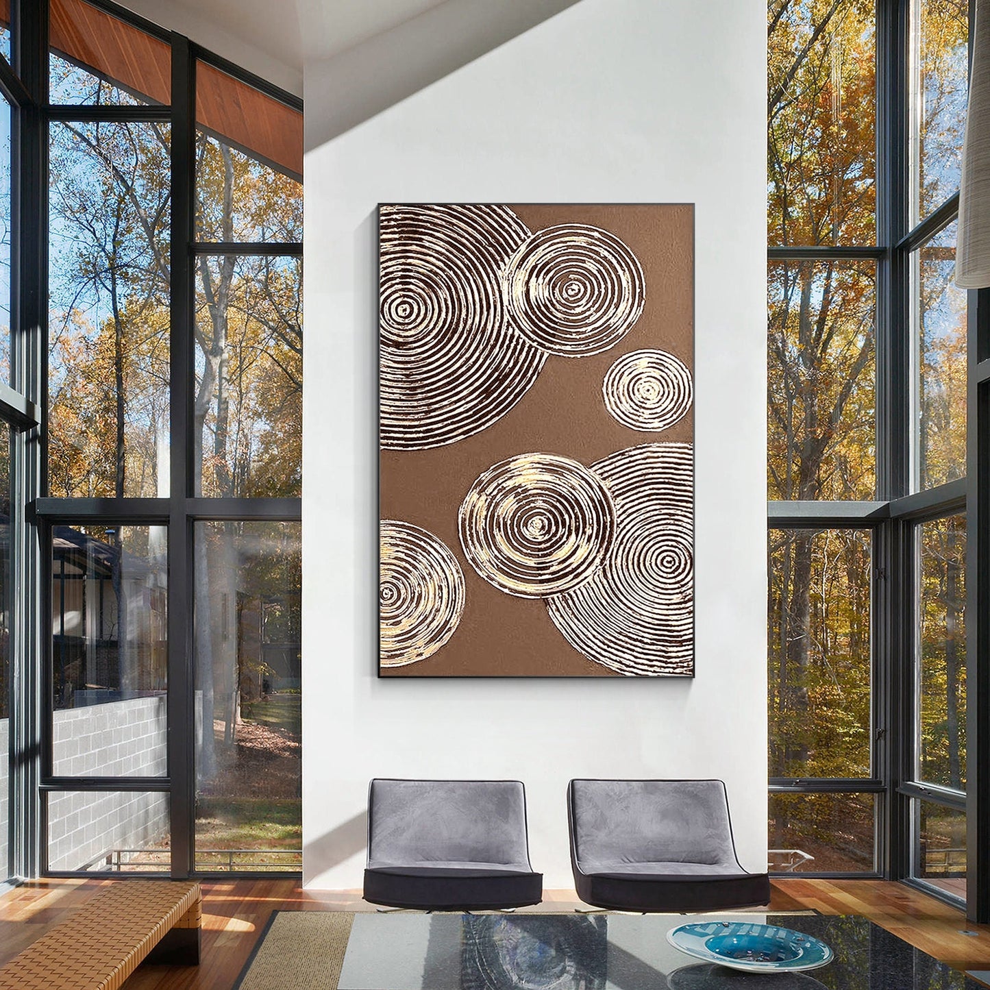 Brown Gold Circle Abstract Painting on Canvas: Luxury Wall Art Decor #1