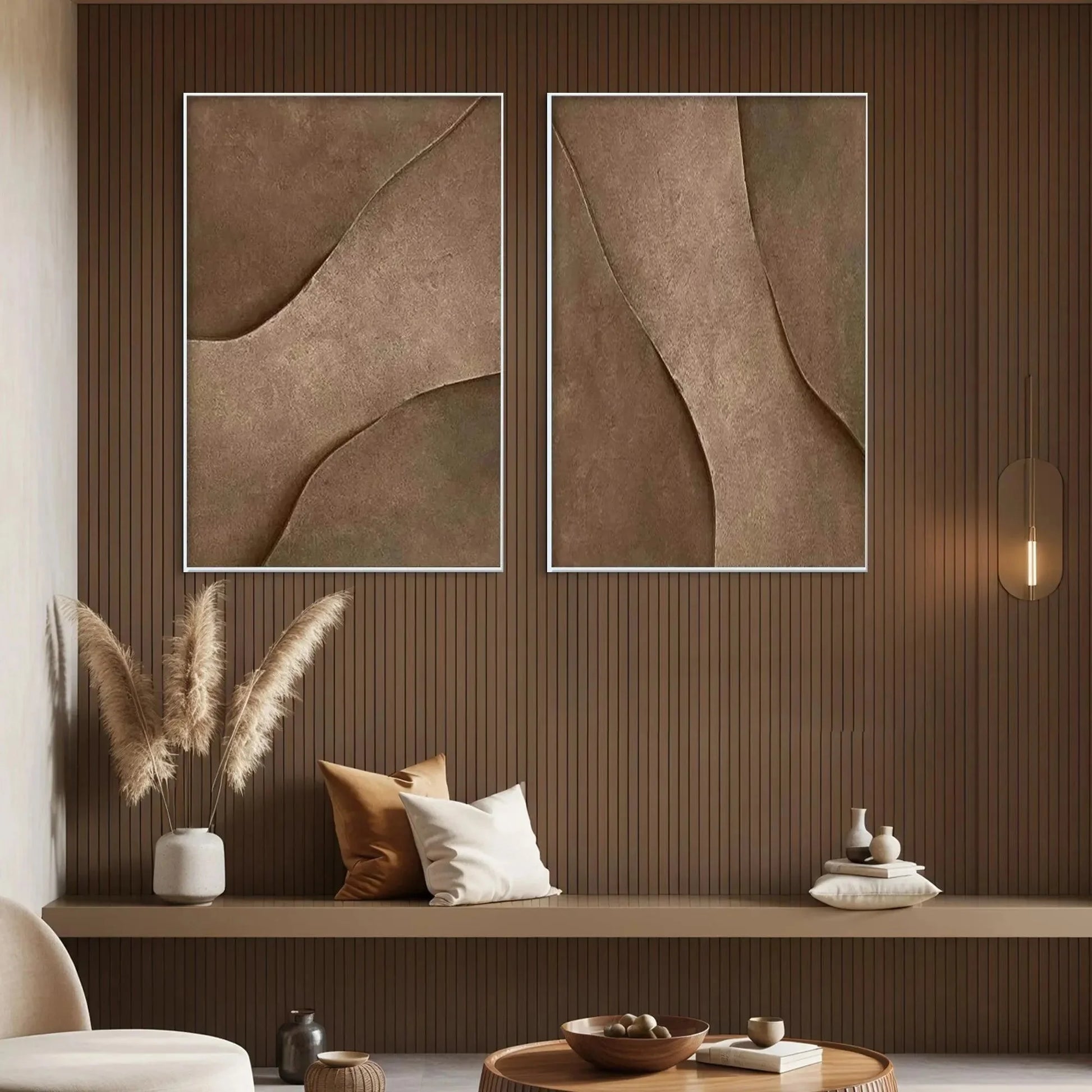 BROWN TEXTURE DUO: Set of 2 Textured Abstract Paintings in Brown | gold frame stretched on neutral wall