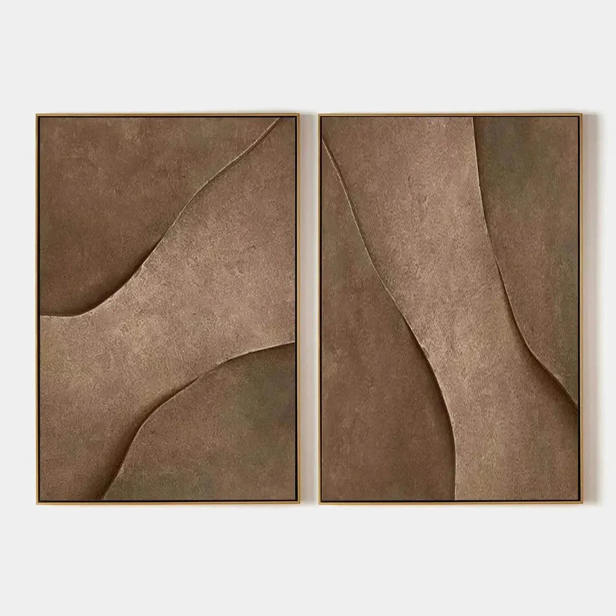 BROWN TEXTURE DUO: Set of 2 Textured Abstract Paintings in Brown | hanging in Set of 2 textured abstract oil paintings in warm brown, caramel, and cream tones; horizontal diptych composition with r...