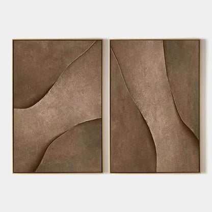 BROWN TEXTURE DUO: Set of 2 Textured Abstract Paintings in Brown | hanging in Set of 2 textured abstract oil paintings in warm brown, caramel, and cream tones; horizontal diptych composition with r...