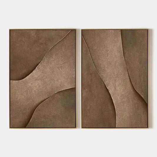 BROWN TEXTURE DUO: Set of 2 Textured Abstract Paintings in Brown | hanging in Set of 2 textured abstract oil paintings in warm brown, caramel, and cream tones; horizontal diptych composition with r...