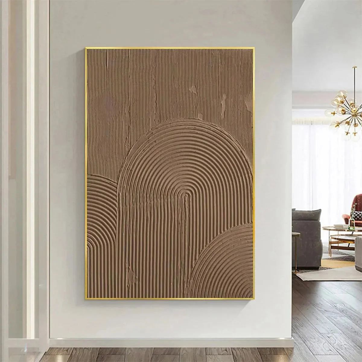 BROWN TEXTURED ARCH: Textured Abstract Painting in Brown | gold frame stretched on neutral wall