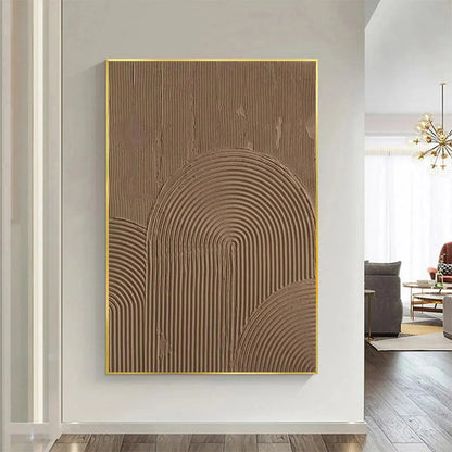 BROWN TEXTURED ARCH: Textured Abstract Painting in Brown | gold frame stretched on neutral wall