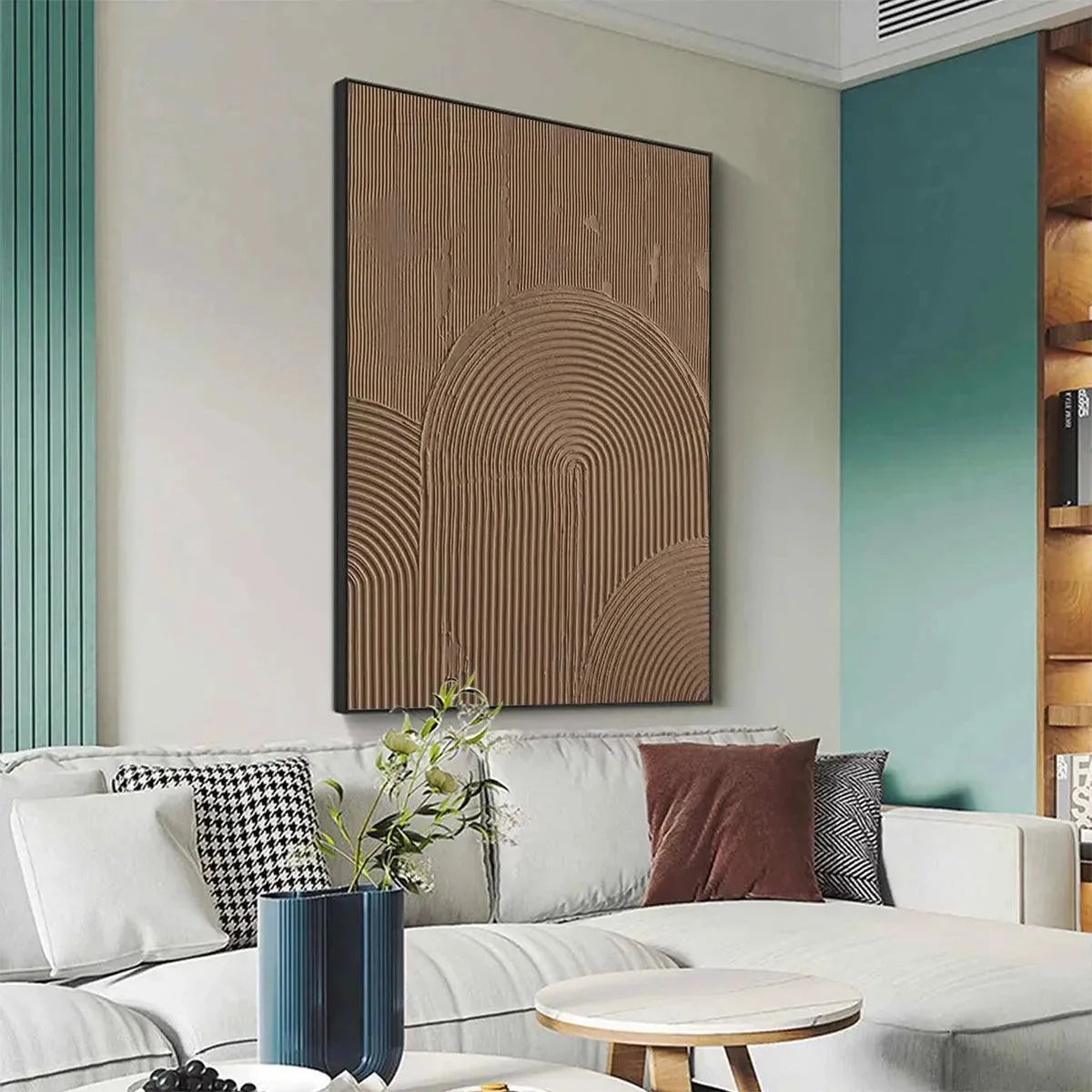 BROWN TEXTURED ARCH: Textured Abstract Painting in Brown | black frame version on white wall