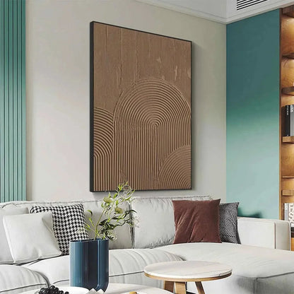 BROWN TEXTURED ARCH: Textured Abstract Painting in Brown | black frame version on white wall