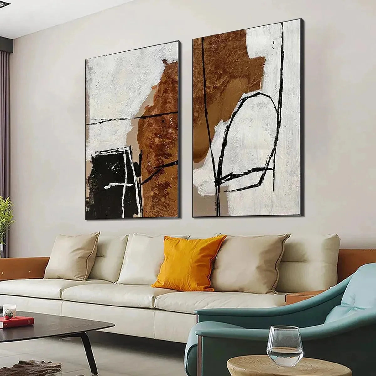 BROWN & WHITE ABSTRACT DIPTYCH: Abstract Painting Set of 2 | gold frame stretched on neutral wall