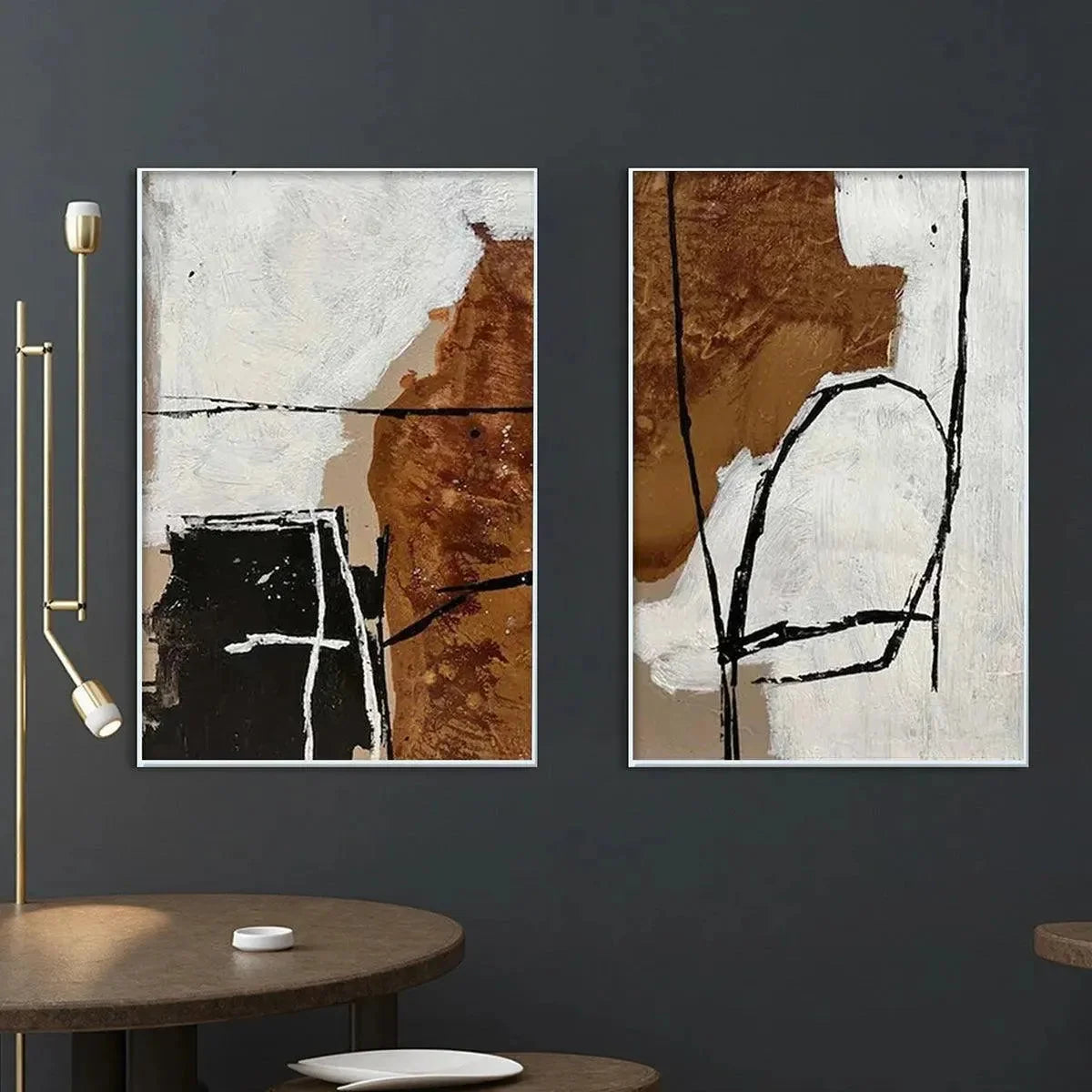 BROWN & WHITE ABSTRACT DIPTYCH: Abstract Painting Set of 2 | rolled canvas, ready for custom framing