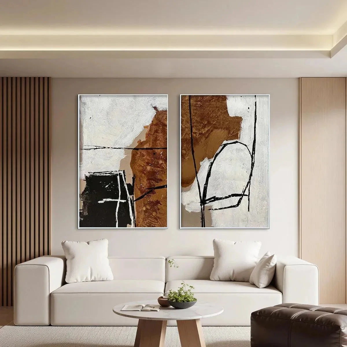 BROWN & WHITE ABSTRACT DIPTYCH: Abstract Painting Set of 2 | abstract mood, soft natural light studio shot
