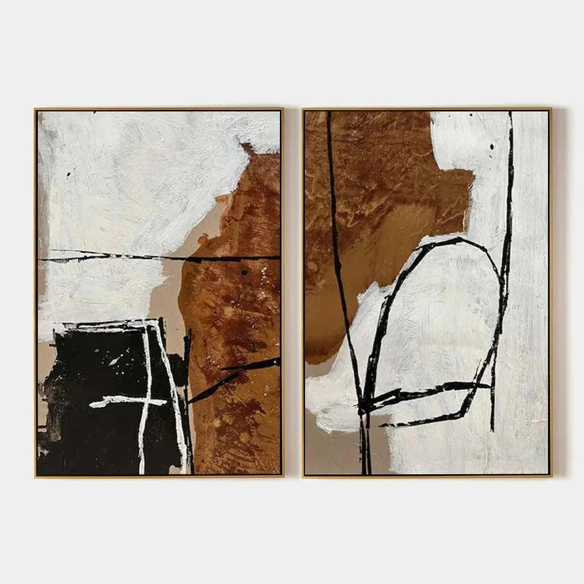 BROWN & WHITE ABSTRACT DIPTYCH: Abstract Painting Set of 2 | hanging in living room, abstract wall art