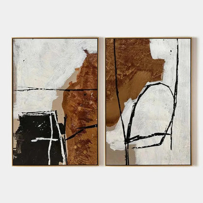 BROWN & WHITE ABSTRACT DIPTYCH: Abstract Painting Set of 2 | hanging in living room, abstract wall art